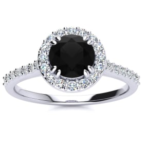 1 Carat Round Shape Halo Black Diamond Engagement Ring In 14 Karat White Gold