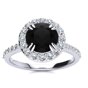 2 Carat Round Shape Halo Black Diamond Engagement Ring In 14 Karat White Gold