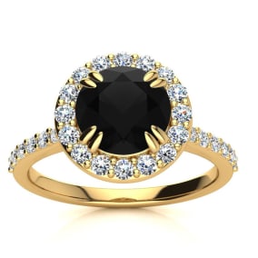 2 Carat Round Shape Halo Black Diamond Engagement Ring In 14 Karat Yellow Gold