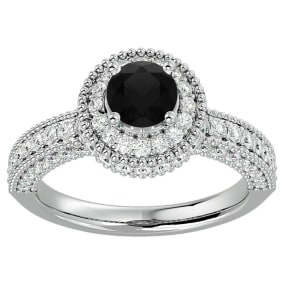 1 3/4 Carat Black Diamond Halo Engagement Ring In 14 Karat White Gold