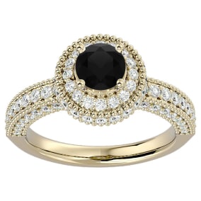 1 3/4 Carat Black Diamond Halo Engagement Ring In 14 Karat Yellow Gold