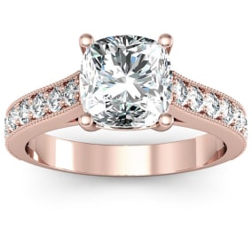 2 Carat Diamond Engagement Ring With 1 1/2 Carat Cushion Cut Center Diamond In 14K Rose Gold