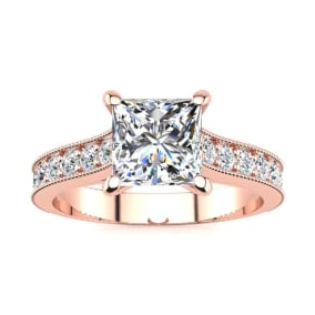 1 1/2 Carat Diamond Engagement Ring With 1 Carat Princess Cut Center Diamond In 14K Rose Gold