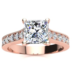 2 Carat Diamond Engagement Ring With 1 1/2 Carat Princess Cut Center Diamond In 14K Rose Gold