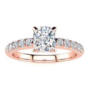 1 1/3 Carat Traditional Diamond Engagement Ring with 1 Carat Center Cushion Cut Solitaire In 14 Karat Rose Gold 