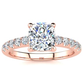 1 3/4 Carat Traditional Diamond Engagement Ring with 1 1/2 Carat Center Cushion Cut Solitaire In 14 Karat Rose Gold 