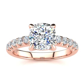 2 1/3 Carat Traditional Diamond Engagement Ring with 2 Carat Center Cushion Cut Solitaire In 14 Karat Rose Gold 