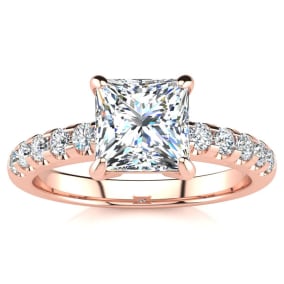1 3/4 Carat Traditional Diamond Engagement Ring with 1 1/2 Carat Center Princess Cut Solitaire In 14 Karat Rose Gold 