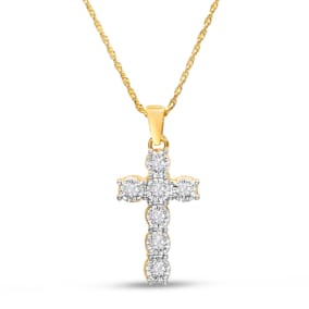 1/10 Carat Diamond Cross Necklace In Yellow Gold Over Sterling Silver, 17 Inches