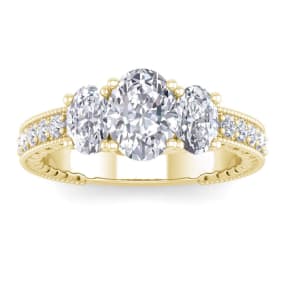 2 1/2 Carat Lab grown Diamond Oval Shape Three Stone Ring In 14 Karat Yellow Gold