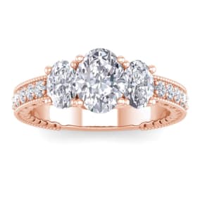 2 1/2 Carat Lab grown Diamond Oval Shape Three Stone Ring In 14 Karat Rose Gold