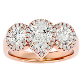 2 1/2 Carat Pear Shape Halo Lab Grown Diamond Three Stone Ring In 14 Karat Rose Gold