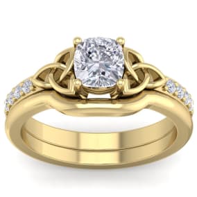 1 Carat Cushion Cut Lab Grown Diamond Claddagh Bridal Set In 14 Karat Yellow Gold