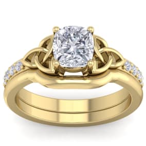 1 1/2 Carat Cushion Cut Lab Grown Diamond Claddagh Bridal Set In 14 Karat Yellow Gold