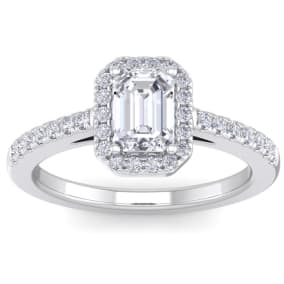 1 1/2 Carat Emerald Cut Halo Lab Grown Diamond Engagement Ring In 14K White Gold