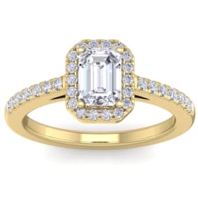 1 1/2 Carat Emerald Cut Halo Lab Grown Diamond Engagement Ring In 14K Yellow Gold
