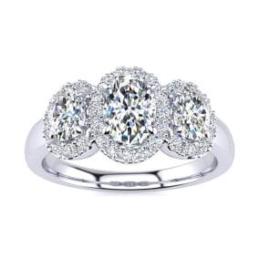 1 1/4 Carat Oval Shape Halo Lab Grown Diamond Three Stone Ring In 14K White Gold