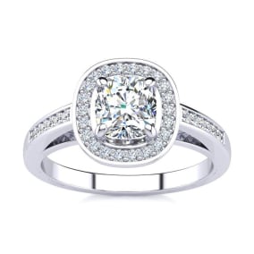 1 1/4 Carat Cushion Cut Halo Lab Grown Diamond Engagement Ring In 14 Karat White Gold