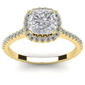1 1/2 Carat Cushion Cut Halo Lab Grown Diamond Ring In 14K Yellow Gold