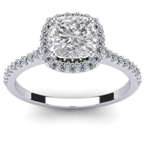 1 1/2 Carat Cushion Cut Halo Lab Grown Diamond Ring In 14K White Gold