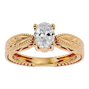 1 Carat Oval Shape Lab Grown Diamond Solitaire Engagement Ring with Tapered Etched Band In 14 Karat Yellow Gold