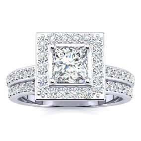 1 1/2 Carat Princess Cut Floating Pave Halo Lab Grown Diamond Bridal Set in 14k White Gold
