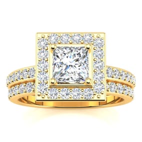 1 1/2 Carat Princess Cut Floating Pave Halo Lab Grown Diamond Bridal Set in 14k Yellow Gold
