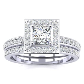 1 Carat Princess Cut Pave Halo Lab Grown Diamond Bridal Set in 14k White Gold
