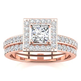 1 Carat Princess Cut Pave Halo Lab Grown Diamond Bridal Set in 14k Rose Gold
