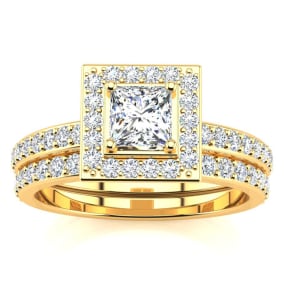 1 Carat Princess Cut Pave Halo Lab Grown Diamond Bridal Set in 14k Yellow Gold