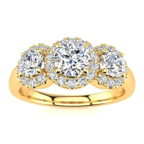 1 Carat Round Shape Halo Lab Grown Diamond Three Stone Ring In 14K Yellow Gold