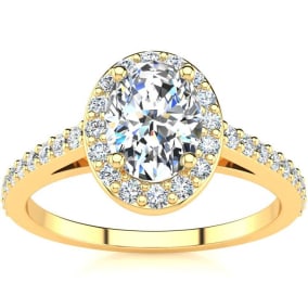 1 Carat Oval Shape Halo Lab Grown Diamond Engagement Ring in 14 Karat Yellow Gold