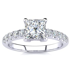 1 1/3 Carat Traditional Lab Grown Diamond Engagement Ring with 1 Carat Center Princess Cut Solitaire In 14 Karat White Gold 