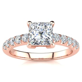1 1/3 Carat Traditional Lab Grown Diamond Engagement Ring with 1 Carat Center Princess Cut Solitaire In 14 Karat Rose Gold 