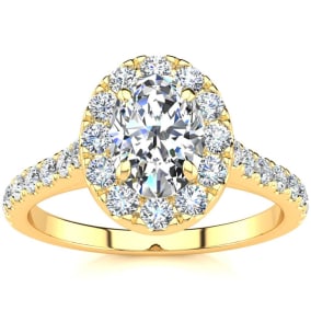 1 1/2 Carat Oval Shape Halo Lab Grown Diamond Engagement Ring in 14k Yellow Gold