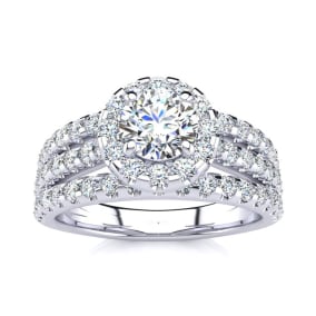 1 1/2 Carat Round Halo Lab Grown Diamond Engagement Ring in 14 Karat White Gold
