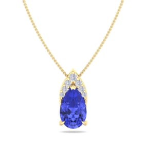 7/8 Carat Pear Shape Tanzanite and Diamond Necklace In 14 Karat Yellow Gold, 18 Inches