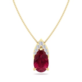 7/8 Carat Pear Shape Ruby and Diamond Necklace In 14 Karat Yellow Gold, 18 Inches