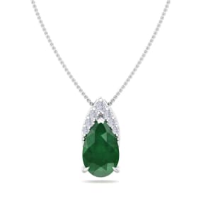 7/8 Carat Pear Shape Emerald Necklace With Diamonds In 14 Karat White Gold, 18 Inch Chain