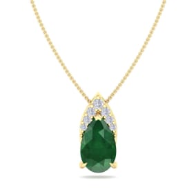 7/8 Carat Pear Shape Emerald Necklaces With Diamonds In 14 Karat Yellow Gold, 18 Inch Chain