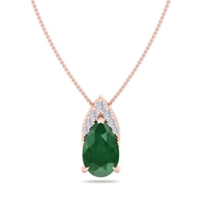 7/8 Carat Pear Shape Emerald Necklace With Diamonds In 14 Karat Rose Gold, 18 Inch Chain