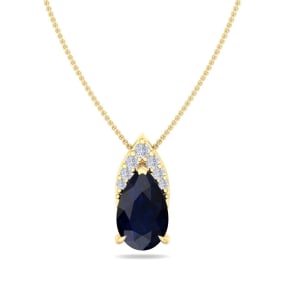7/8 Carat Pear Shape Sapphire and Diamond Necklace In 14 Karat Yellow Gold, 18 Inches