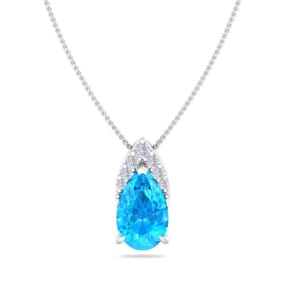 7/8 Carat Pear Shape Blue Topaz and Diamond Necklace In 14 Karat White Gold, 18 Inches