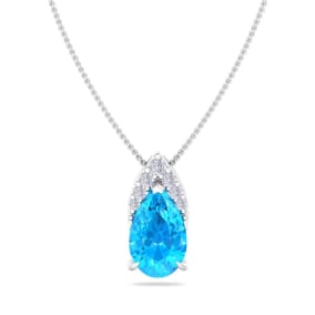7/8 Carat Pear Shape Blue Topaz and Diamond Necklace In 14 Karat White Gold, 18 Inches