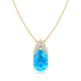 7/8 Carat Pear Shape Blue Topaz and Diamond Necklace In 14 Karat Yellow Gold, 18 Inches