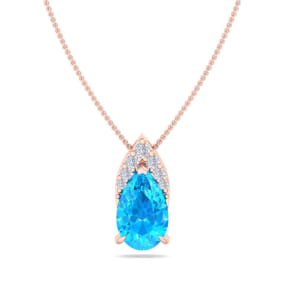 7/8 Carat Pear Shape Blue Topaz and Diamond Necklace In 14 Karat Rose Gold, 18 Inches