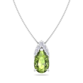 7/8 Carat Pear Shape Peridot and Diamond Necklace In 14 Karat White Gold, 18 Inches