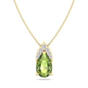 7/8 Carat Pear Shape Peridot and Diamond Necklace In 14 Karat Yellow Gold, 18 Inches