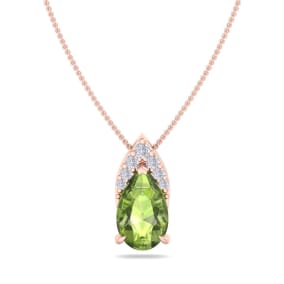 7/8 Carat Pear Shape Peridot and Diamond Necklace In 14 Karat Rose Gold, 18 Inches