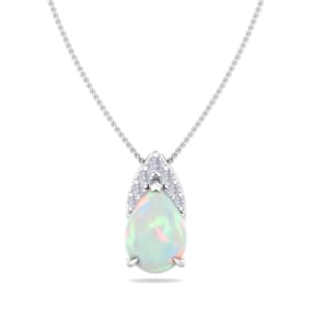 7/8 Carat Pear Shape Opal and Diamond Necklace In 14 Karat White Gold, 18 Inches